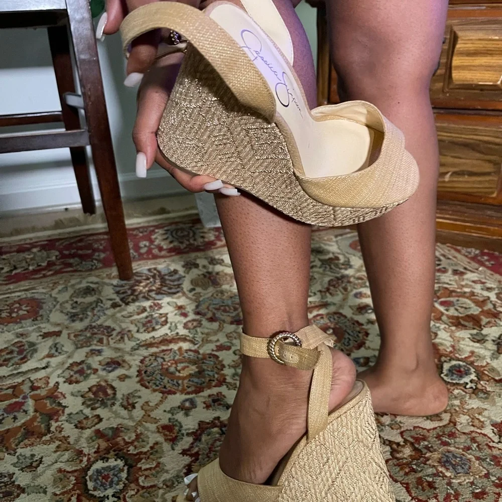 Jessica Simpson Beige Woven Espadrille Wedge Sandals with Ankle Strap